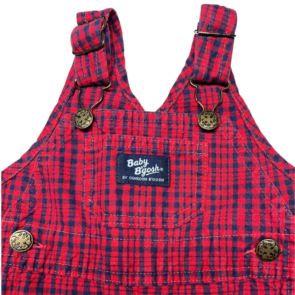 Vintage 90s Baby OshKosh B'Gosh Overalls 12M Red Blue Plaid USA‎ Made Snaps EUC